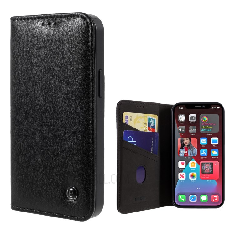 Cáscara De Teléfono De Cuero De Cuero De La Textura De La Serie Crazy Horse De Gebei Kala Con Soporte De Tarjeta Y Soporte Para IPhone 12 Mini - Negro-1
