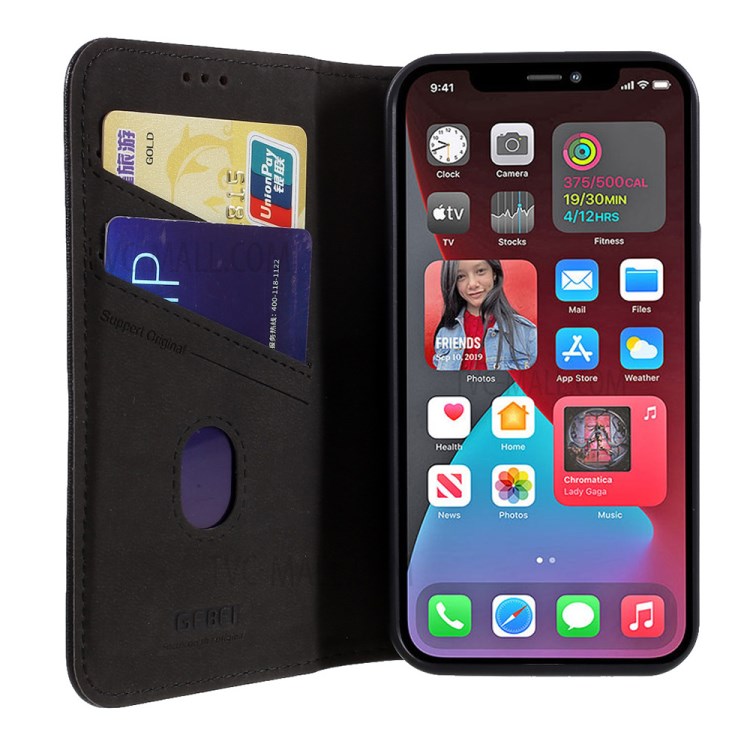 Gebei Kala -serie Crazy Horse Texture Leder Telefonschale Mit Kartenhalter Und Stand Für Iphone 12 Mini - Schwarz