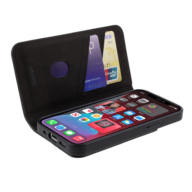 Gebei Kala -serie Crazy Horse Texture Leder Telefonschale Mit Kartenhalter Und Stand Für Iphone 12 Mini - Schwarz