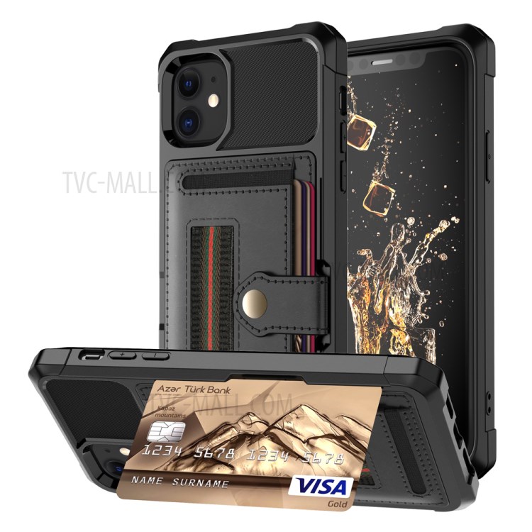 Phone Case with Card Slot and Elastic Finger Ring Strap Protective shell for iPhone 12 Mini - Black-2