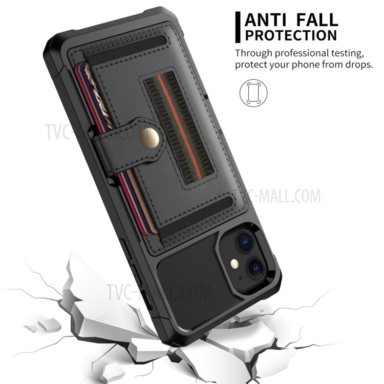 Phone Case with Card Slot and Elastic Finger Ring Strap Protective shell for iPhone 12 Mini - Black-7