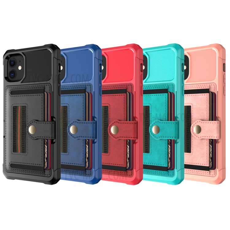 Série Nylon TPU + PU Couro Telefone Escudo Protetor Com Slot Para Cartão E Alça Elástica Para IPhone 12/12 Pro - Preto-11