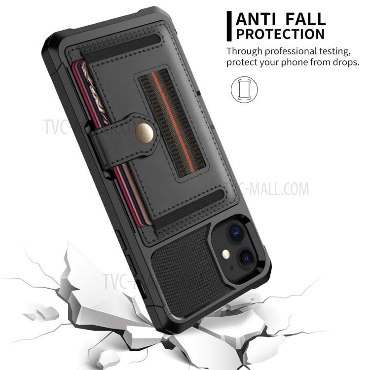 Serie Nylon TPU + Pul Pelegra de Cuero Protectivo Con Ranura Para Tarjetas y Correa Elástica Para Iphone 12/12 Pro - Negro