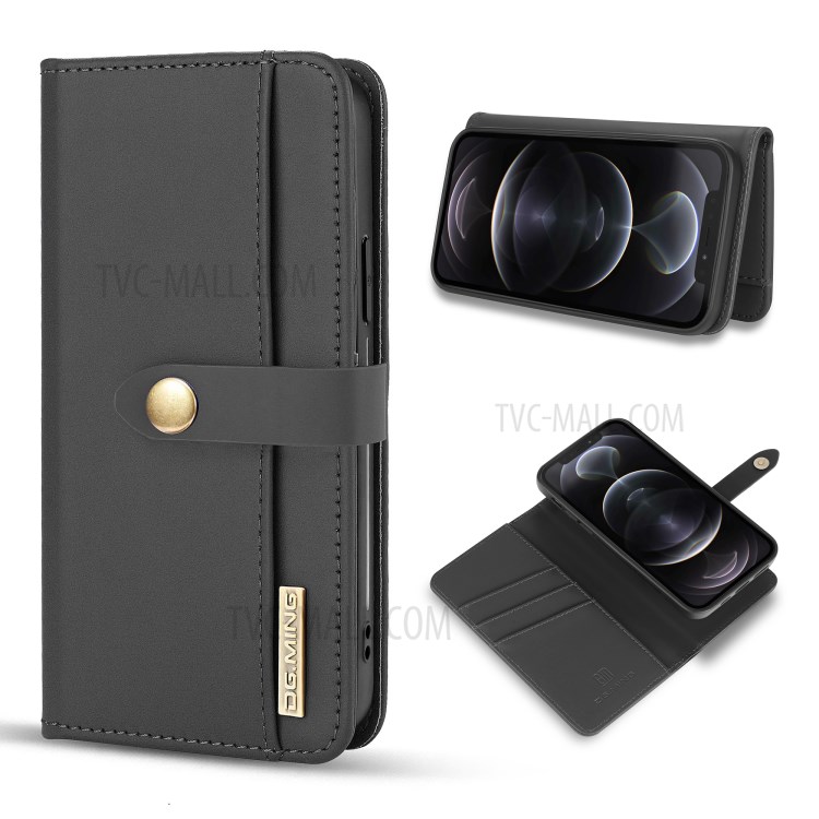 DG.MING for iPhone 12/12 Pro Detachable Split Leather Wallet Case + PC Back Cover - Black-1