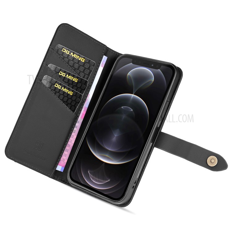 DG.MING for iPhone 12/12 Pro Detachable Split Leather Wallet Case + PC Back Cover - Black-12
