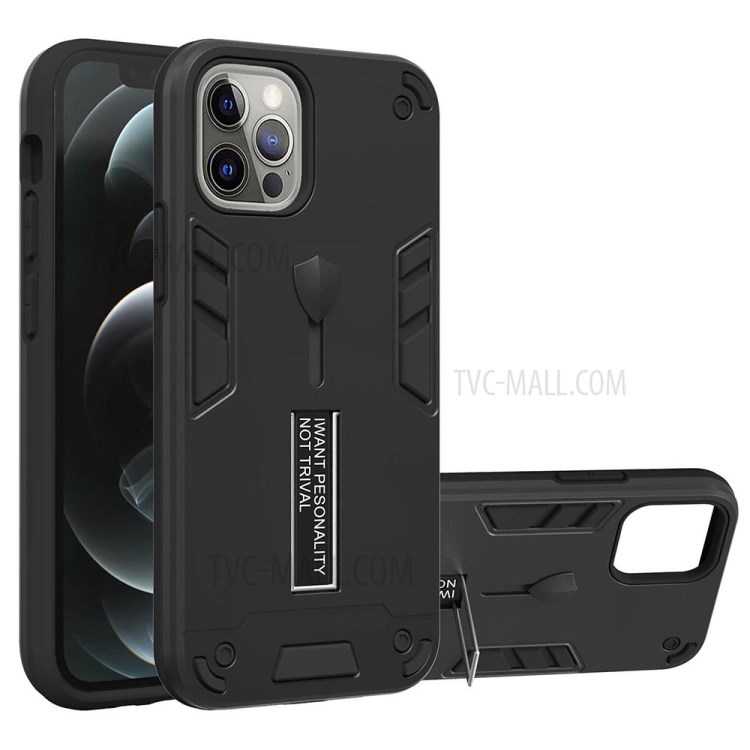 PC + TPU + Metal Phone Cover Case with Invisible Kickstand for iPhone 12/12 Pro - Black-1