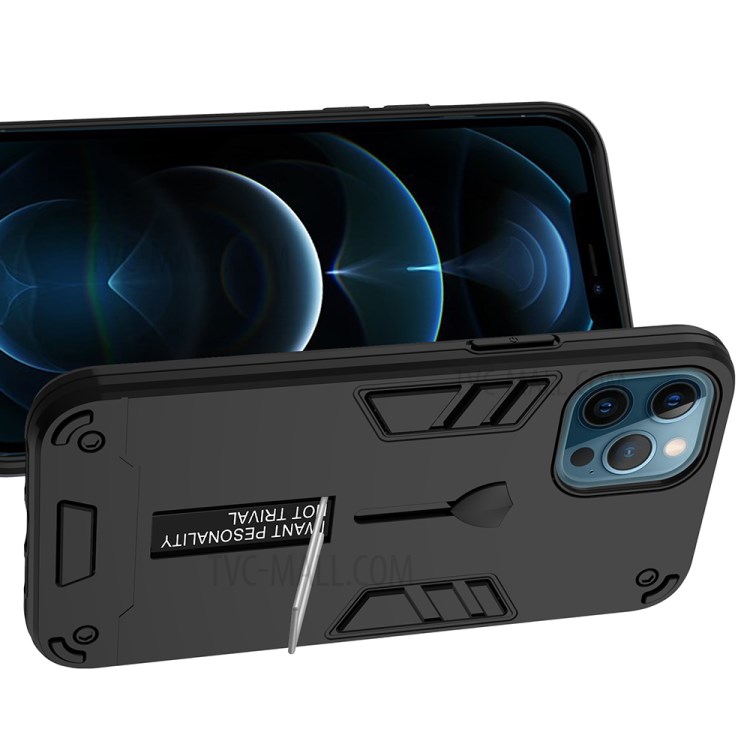 2 En 1 PC + TPU + Funda De Cubierta De Teléfono De Metal Con Asteroide Oculto Para IPhone 12 Pro Max - Negro-3