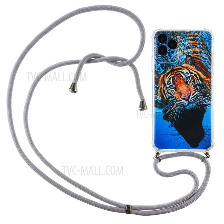 Shockproof Pattern Printing TPU Case with Textile Lanyard for iPhone 12 - Brown Tiger-1