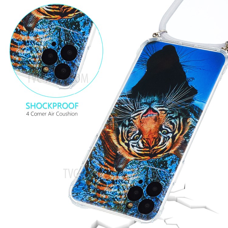 Shockproof Pattern Printing TPU Case with Textile Lanyard for iPhone 12 - Brown Tiger-3