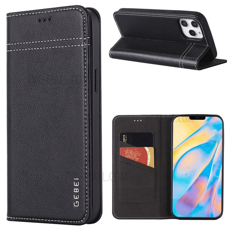 GEBEI Litchi Texture Genuine Leather Card Holder + Stand Phone Protective Shell for iPhone 12 Pro Max - Black-1