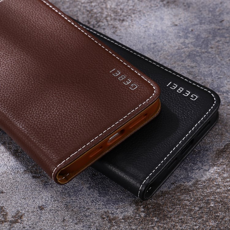 GEBEI Litchi Texture Genuine Leather Card Holder + Stand Phone Protective Shell for iPhone 12 Pro Max - Black-7