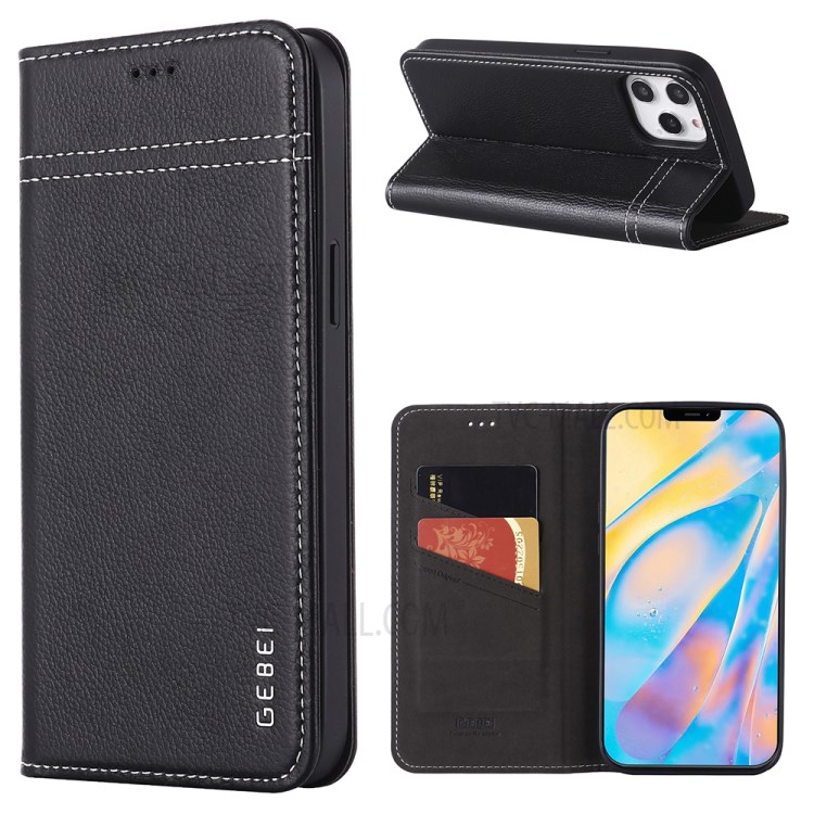 GEBEI Litchi Texture Genuine Leather Phone Protective Shell with Card Holder for iPhone 12/12 Pro - Black-1