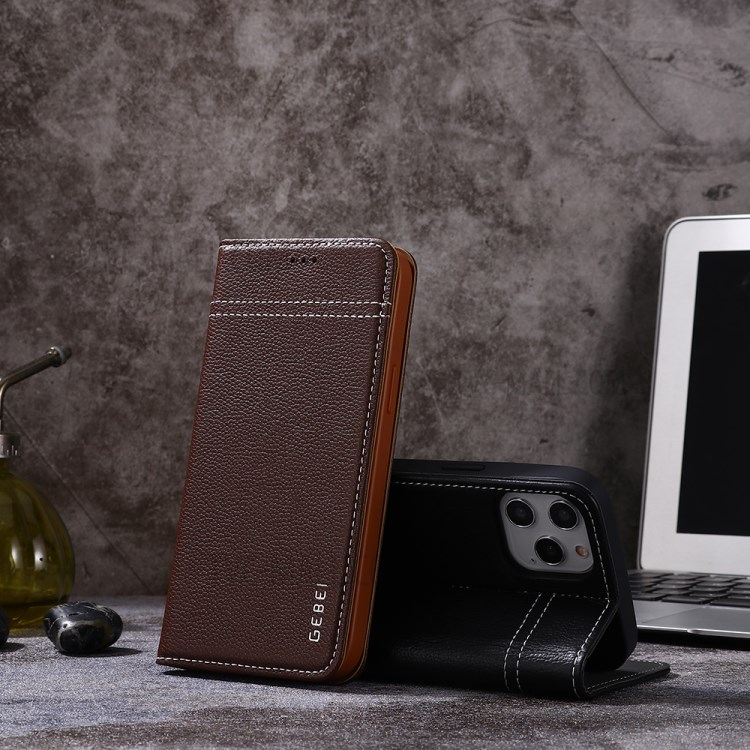 GEBEI Litchi Texture Genuine Leather Phone Protective Shell with Card Holder for iPhone 12/12 Pro - Black-10