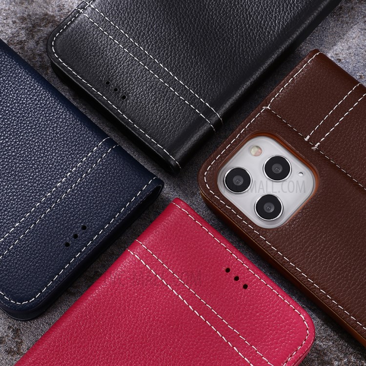 GEBEI Litchi Texture Genuine Leather Phone Protective Shell with Card Holder for iPhone 12/12 Pro - Black-11