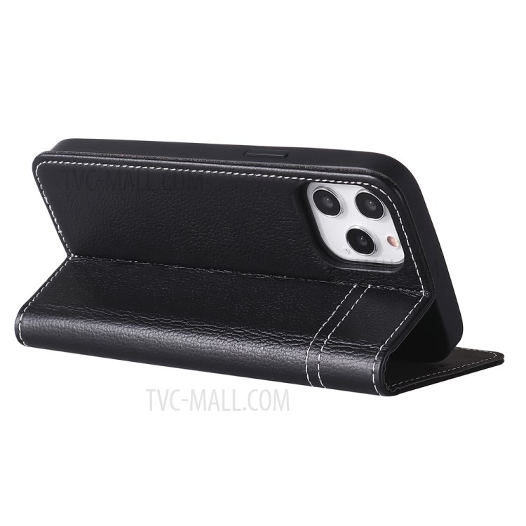 GEBEI Litchi Texture Genuine Leather Phone Protective Shell with Card Holder for iPhone 12/12 Pro - Black-3