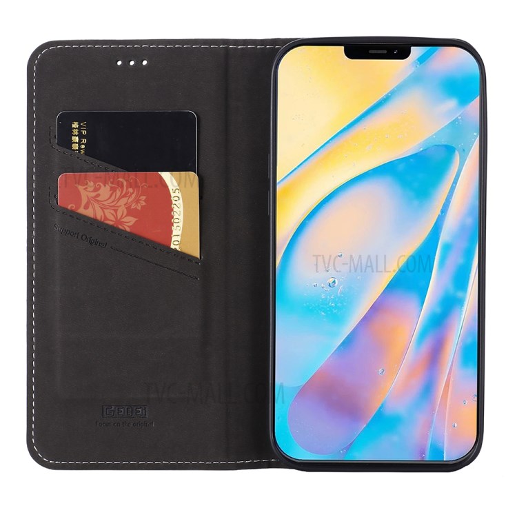 GEBEI Litchi Texture Genuine Leather Phone Protective Shell with Card Holder for iPhone 12/12 Pro - Black-5