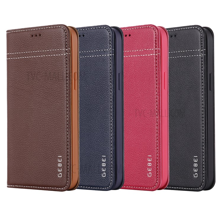 GEBEI Litchi Texture Genuine Leather Phone Protective Shell with Card Holder for iPhone 12/12 Pro - Black-6