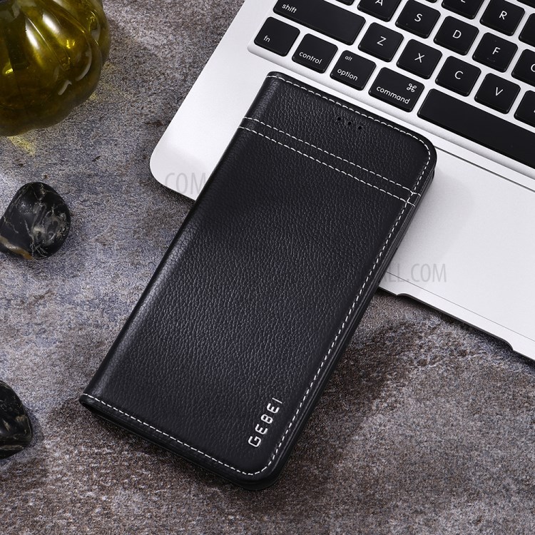 GEBEI Litchi Texture Genuine Leather Phone Protective Shell with Card Holder for iPhone 12/12 Pro - Black-7