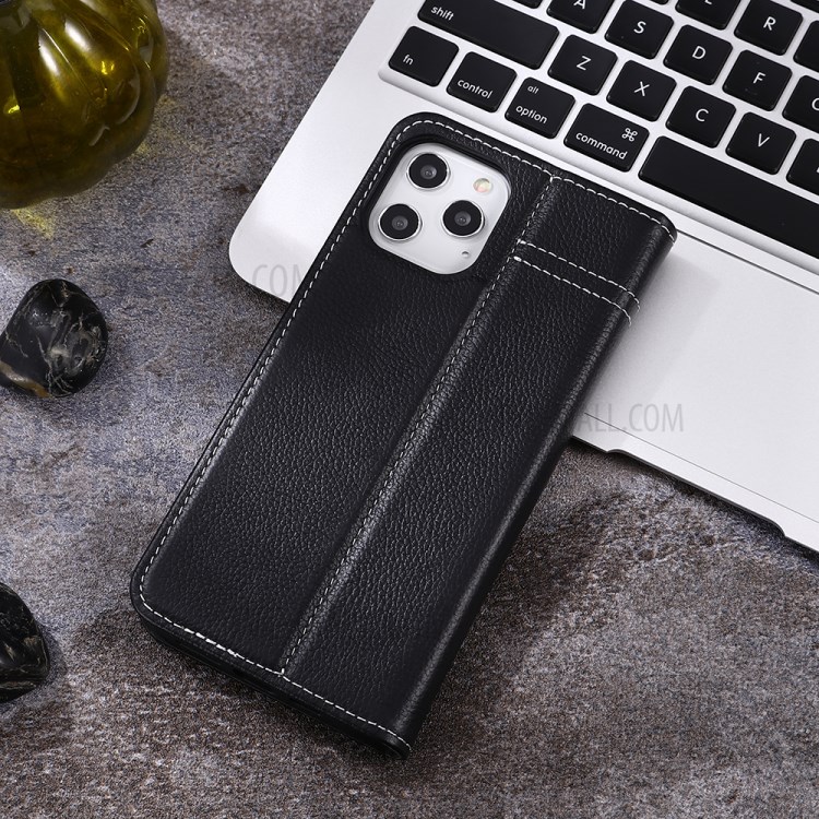 GEBEI Litchi Texture Genuine Leather Phone Protective Shell with Card Holder for iPhone 12/12 Pro - Black-8