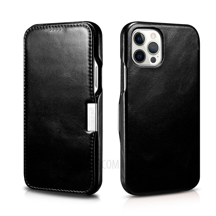 ICARE Retro Style Folio Flip Genuine Leather Phone Cover Case for iPhone 12 Pro Max - Black-1