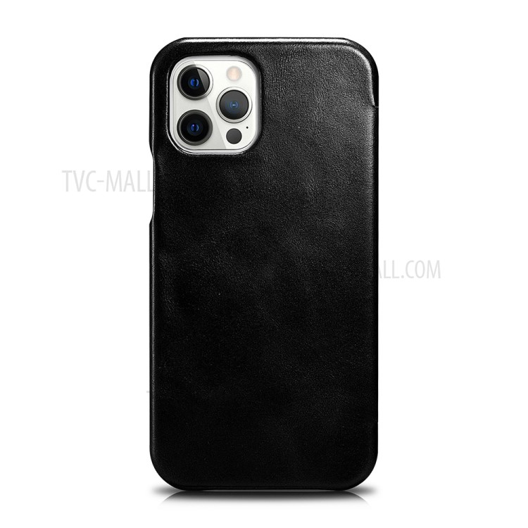 ICARE Retro Style Folio Flip Genuine Leather Phone Cover Case for iPhone 12 Pro Max - Black-3