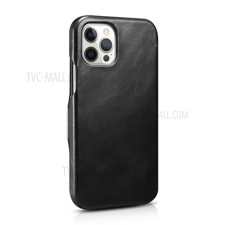 ICARE Retro Style Folio Flip Genuine Leather Phone Cover Case for iPhone 12 Pro Max - Black-4
