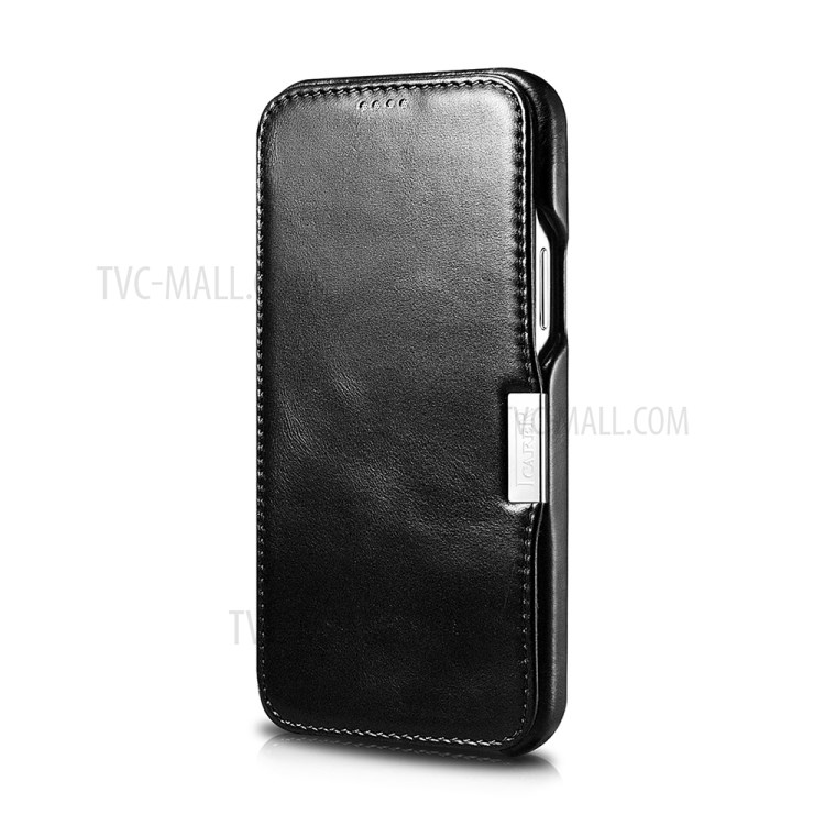 ICARE Retro Style Folio Flip Genuine Leather Phone Cover Case for iPhone 12 Pro Max - Black-5