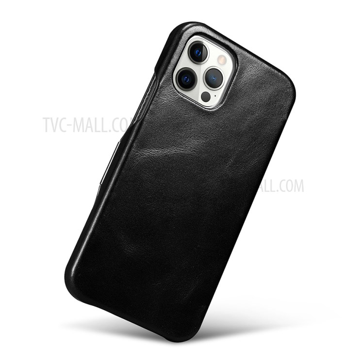 ICARE Retro Style Folio Flip Genuine Leather Phone Cover Case for iPhone 12 Pro Max - Black-6