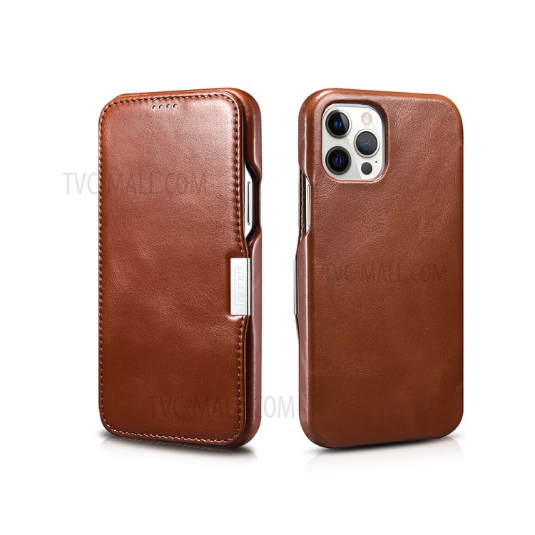 ICARER Retro Style Folio Genuine Leather Flip Phone Casing for iPhone 12/12 Pro - Brown-1
