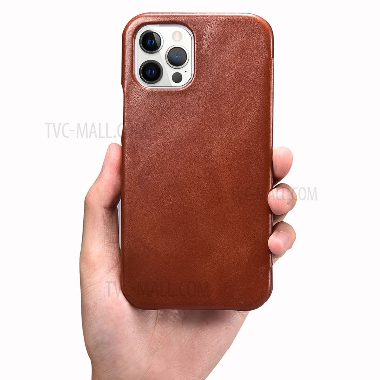 ICARER Retro Style Folio Genuine Leather Flip Phone Casing for iPhone 12/12 Pro - Brown-6