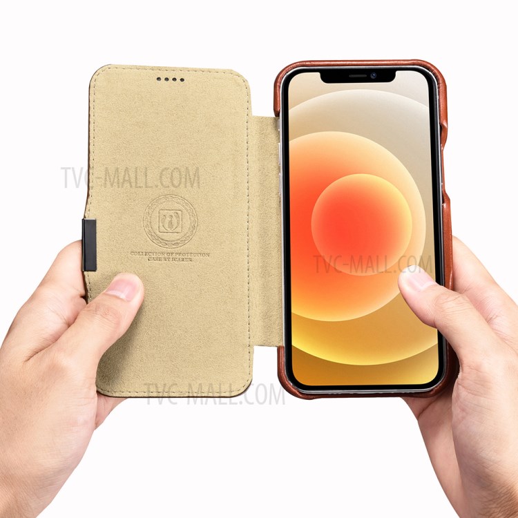 ICARER Retro Style Folio Genuine Leather Flip Phone Casing for iPhone 12/12 Pro - Brown-7