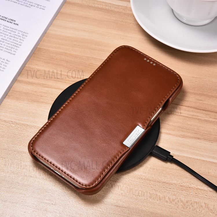 ICARER Retro Style Folio Genuine Leather Flip Phone Casing for iPhone 12/12 Pro - Brown-8