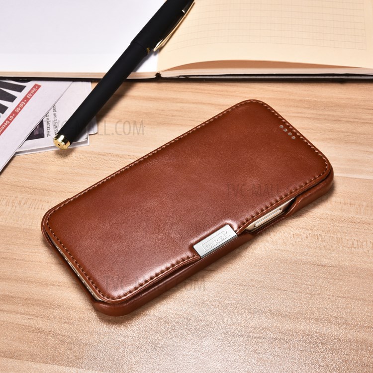 ICARER Retro Style Folio Genuine Leather Flip Phone Casing for iPhone 12/12 Pro - Brown-9