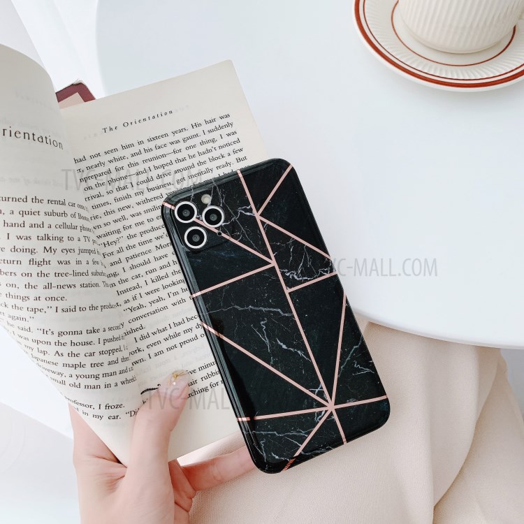 MF Electroplating Straight Edge Splicing Marble Pattern Printing Phone Protector for iPhone 11 Pro - Black-2