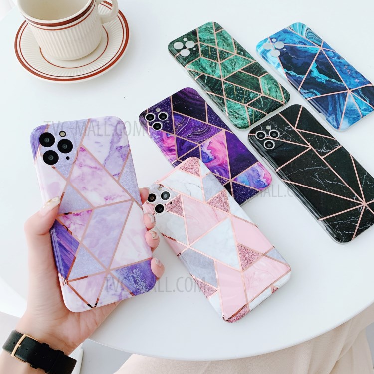 MF Electroplating Straight Edge Splicing Marble Pattern Printing Phone Protector for iPhone 11 Pro - Black-3