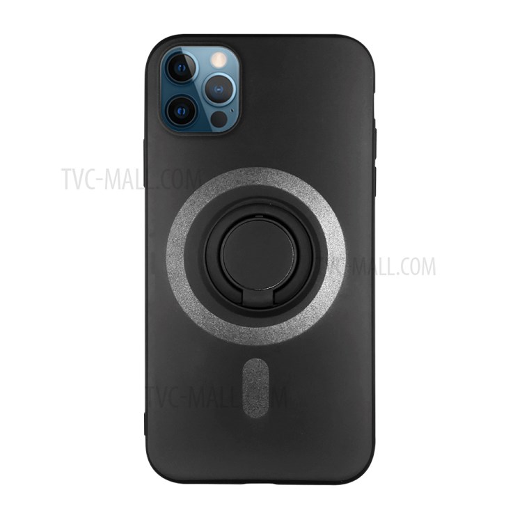 Circle Design Liquid Silicone Phone Case with Ring Shape Kickstand for iPhone 12 mini - Black-1