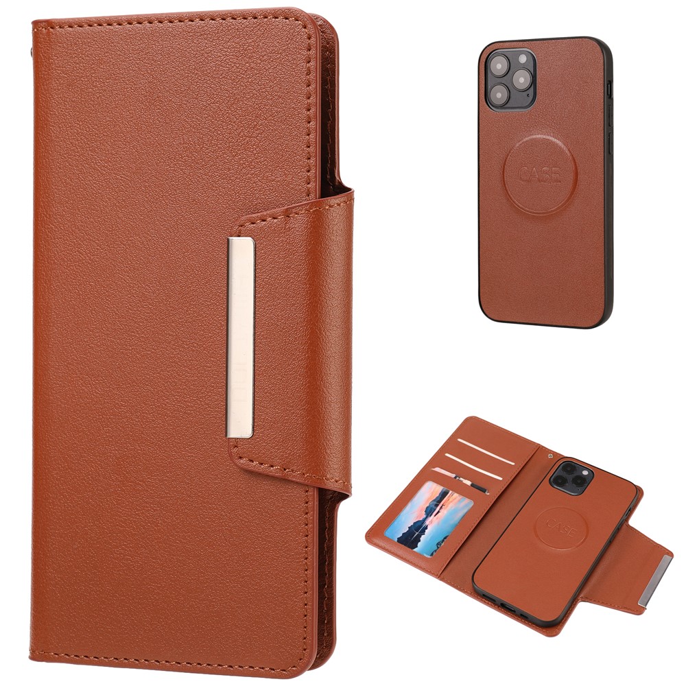 PU Leather Wallet Cell Phone Shelf Cover with Detachable Inner TPU Case for iPhone 12 Pro / iPhone 12 - Brown-1