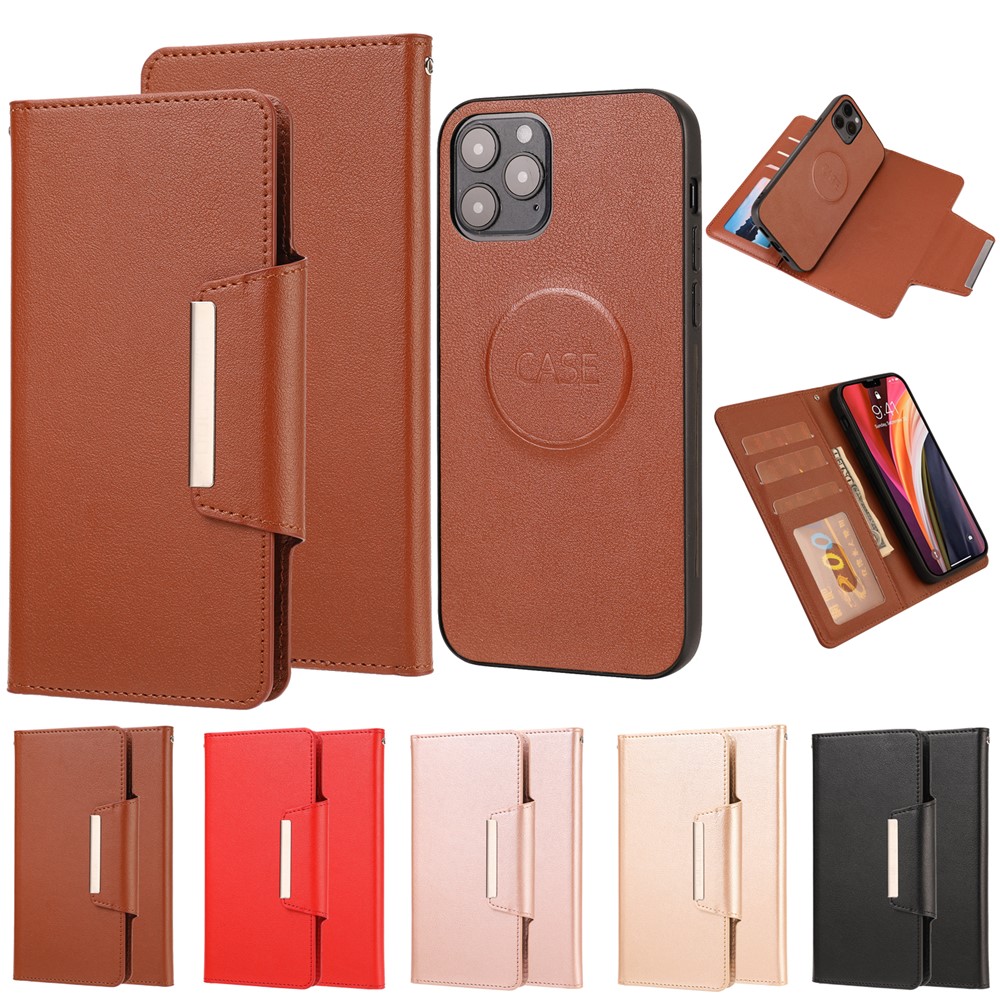 PU Leather Wallet Cell Phone Shelf Cover with Detachable Inner TPU Case for iPhone 12 Pro / iPhone 12 - Brown-7