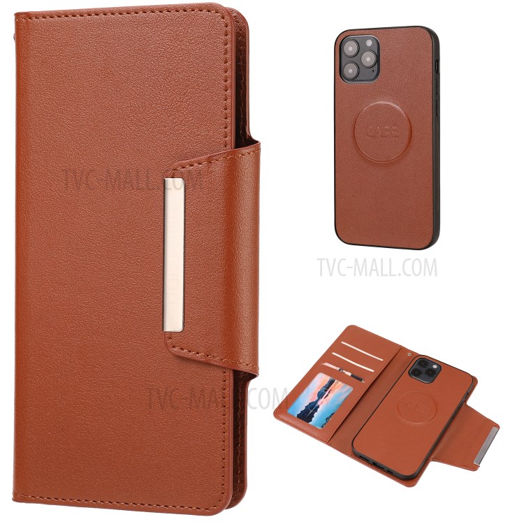 PU Leather Wallet Cell Phone Shelf Cover with Detachable Inner TPU Case for iPhone 12 Pro Max - Brown-1