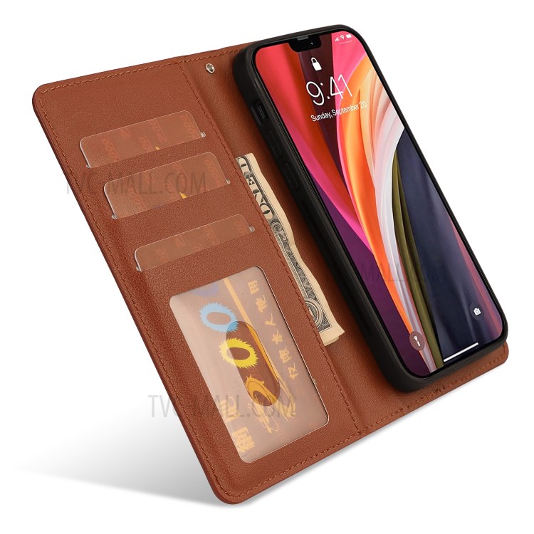 PU Leather Wallet Cell Phone Shelf Cover with Detachable Inner TPU Case for iPhone 12 Pro Max - Brown-3