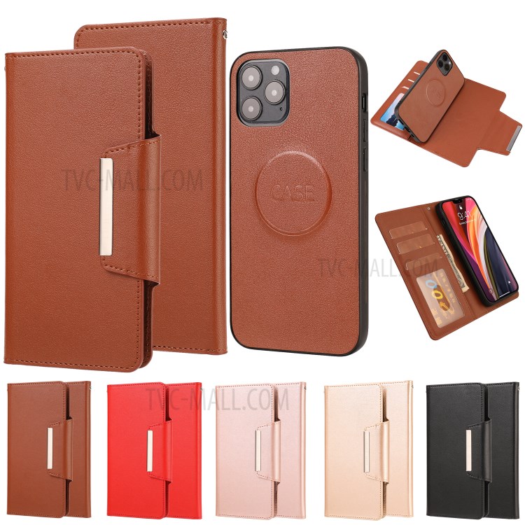 PU Leather Wallet Cell Phone Shelf Cover with Detachable Inner TPU Case for iPhone 12 Pro Max - Brown-7