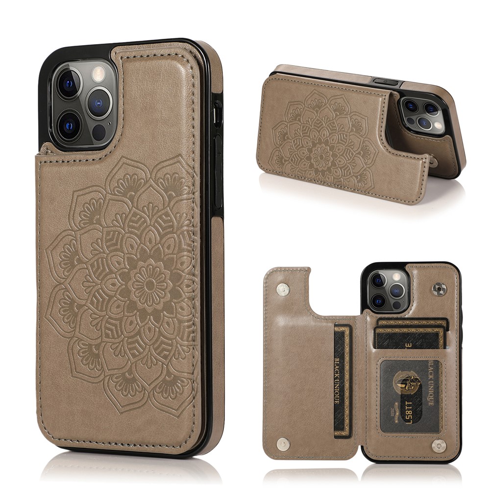 Imprint Mandala Flower for iPhone 12/12 Pro PU Leather + TPU Hybrid Kickstand Mobile Phone Case - Grey-1