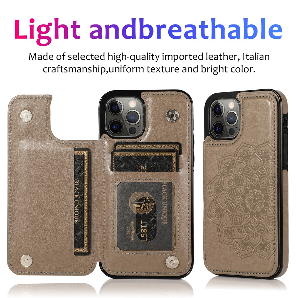 Imprint Mandala Flower for iPhone 12/12 Pro PU Leather + TPU Hybrid Kickstand Mobile Phone Case - Grey-10