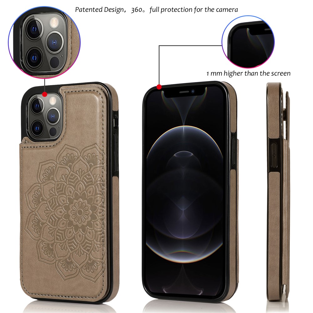 Imprint Mandala Flower for iPhone 12/12 Pro PU Leather + TPU Hybrid Kickstand Mobile Phone Case - Grey-12