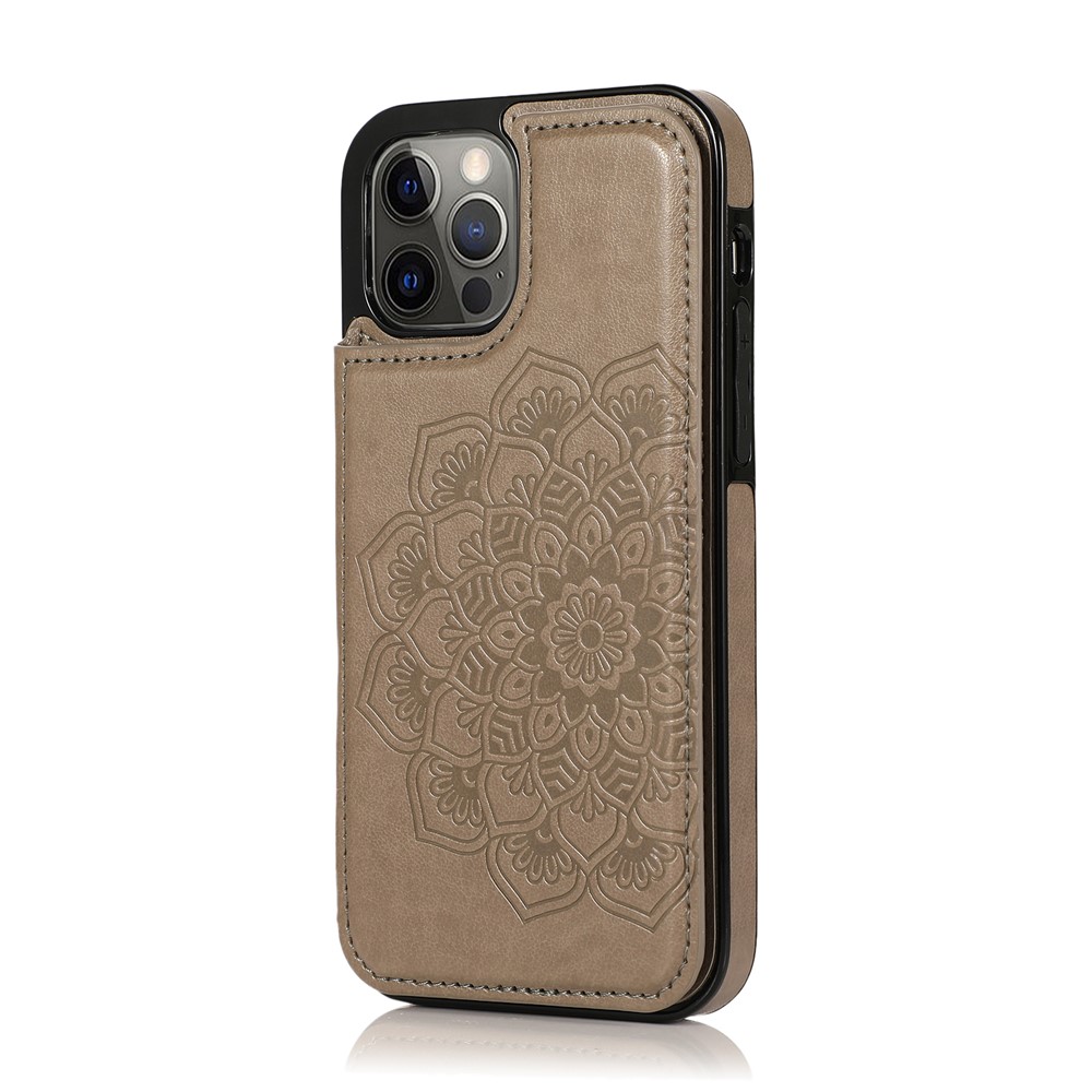 Imprint Mandala Flower for iPhone 12/12 Pro PU Leather + TPU Hybrid Kickstand Mobile Phone Case - Grey-2