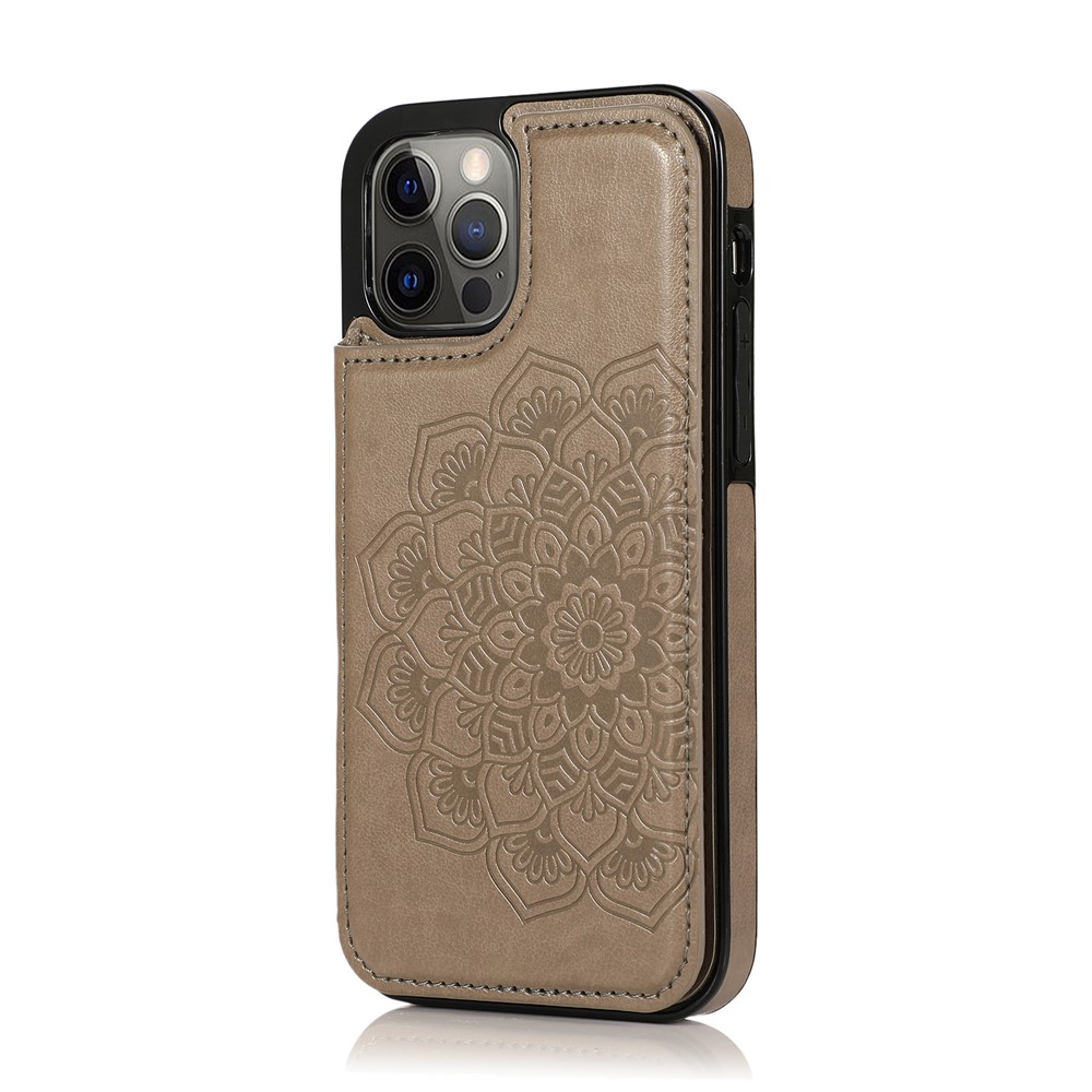 Impressão Mandala Flower Para Iphone 12/12 Pro PU Couro + TPU Hybrid Kickstand Celular Case - Cinza