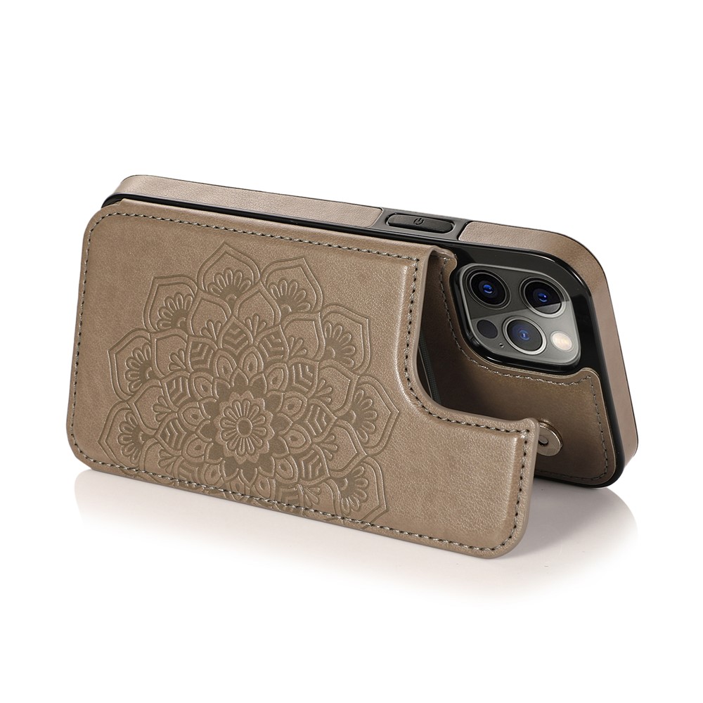 Imprint Mandala Flower for iPhone 12/12 Pro PU Leather + TPU Hybrid Kickstand Mobile Phone Case - Grey-4
