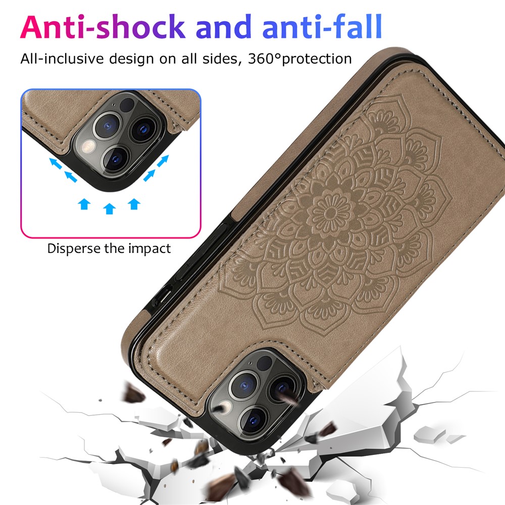 Imprint Mandala Flower for iPhone 12/12 Pro PU Leather + TPU Hybrid Kickstand Mobile Phone Case - Grey-9
