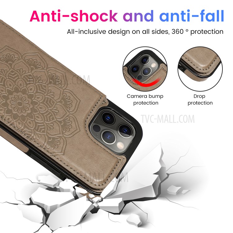 Imprint Mandala Flower Kickstand for iPhone 12 Pro Max PU Leather + TPU Hybrid Cell Phone Case - Grey-13