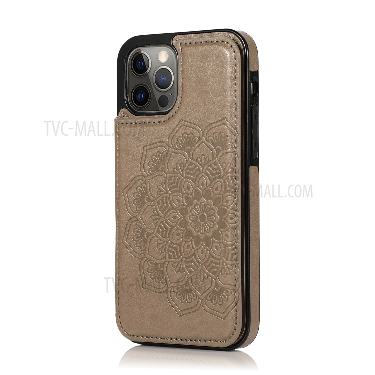 Imprint Mandala Flower Kickstand for iPhone 12 Pro Max PU Leather + TPU Hybrid Cell Phone Case - Grey-2